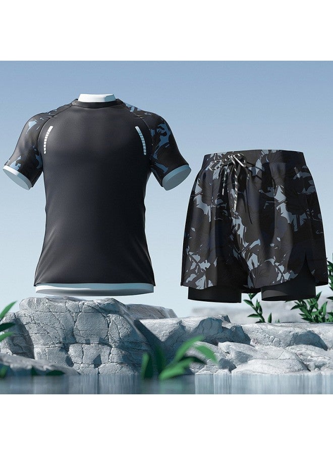 Loquat Youyou Adult Swimming Trunks Men's 2024 Quick-drying Double-layer Anti-embarrassment Swimsuit Plus Size Three-point Wholesale-Color:Black Printed Suit 【no Pocket】】- - Image 1