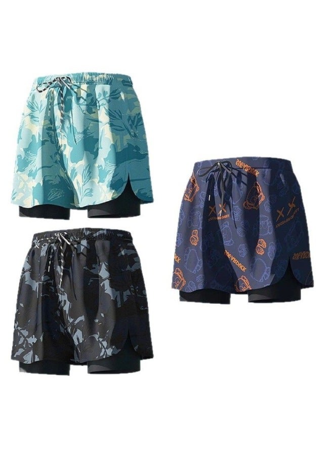 Loquat Youyou Adult Swimming Trunks Men's 2024 Quick-drying Double-layer Anti-embarrassment Swimsuit Plus Size Three-point Wholesale-Color:Black Printed Suit 【no Pocket】】- - Image 4