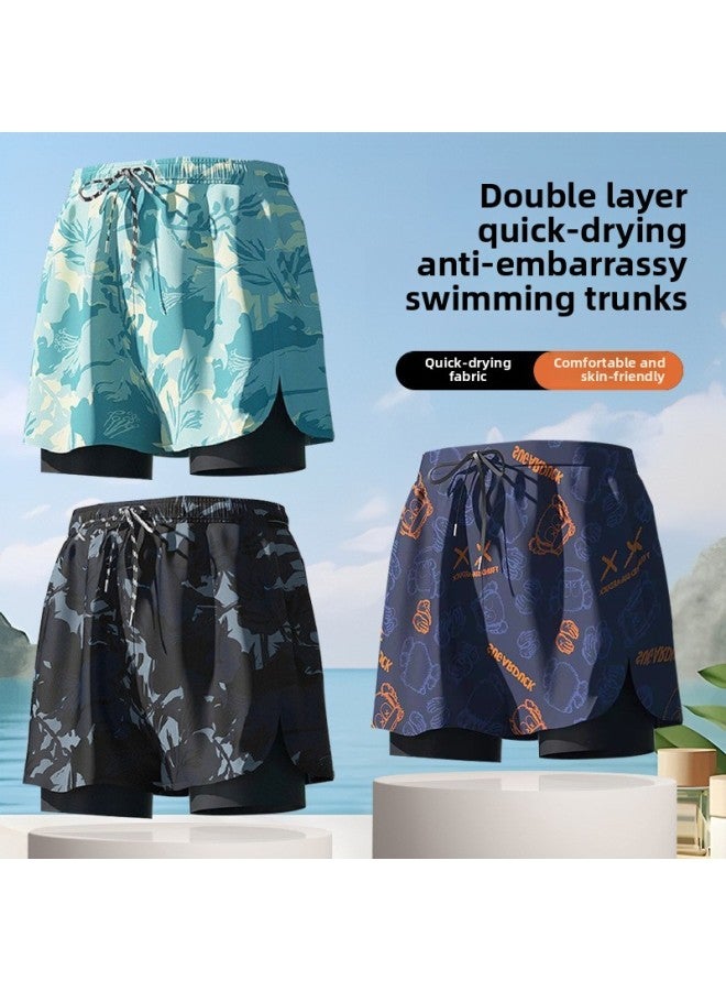 Loquat Youyou Adult Swimming Trunks Men's 2024 Quick-drying Double-layer Anti-embarrassment Swimsuit Plus Size Three-point Wholesale-Color:Black Printed Suit 【no Pocket】】- - Image 2