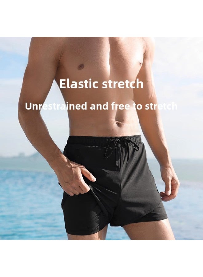 Loquat Youyou Adult Swimming Trunks Men's 2024 Quick-drying Double-layer Anti-embarrassment Swimsuit Plus Size Three-point Wholesale-Color:Black Printed Suit 【no Pocket】】- - Image 3