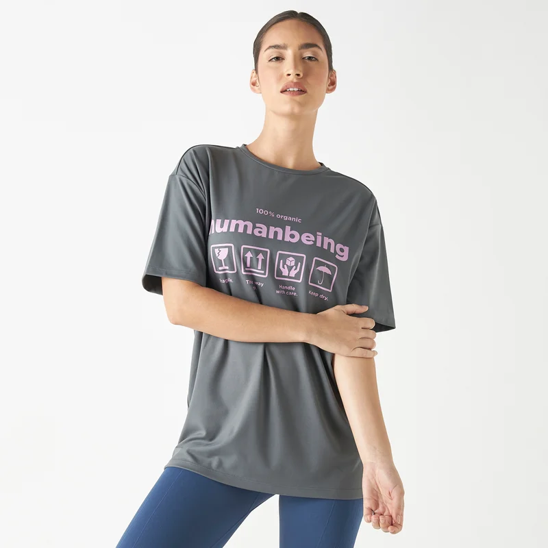 ADOT by Splash Typographic Print Crew Neck T-shirt with Short Sleeves