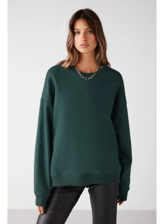 GRIMELANGE Vaneltina Women's Fleece‑Lined 3‑Thread Organic Cotton Oversize Basic Crew Neck Dark Green Sweatshirt.