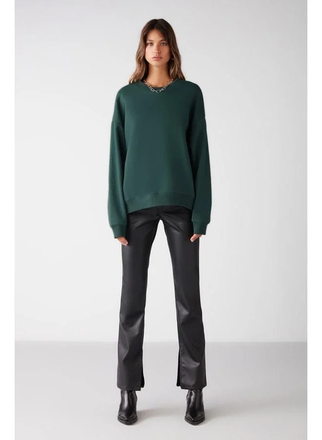 GRIMELANGE Vaneltina Women's Fleece‑Lined 3‑Thread Organic Cotton Oversize Basic Crew Neck Dark Green Sweatshirt.