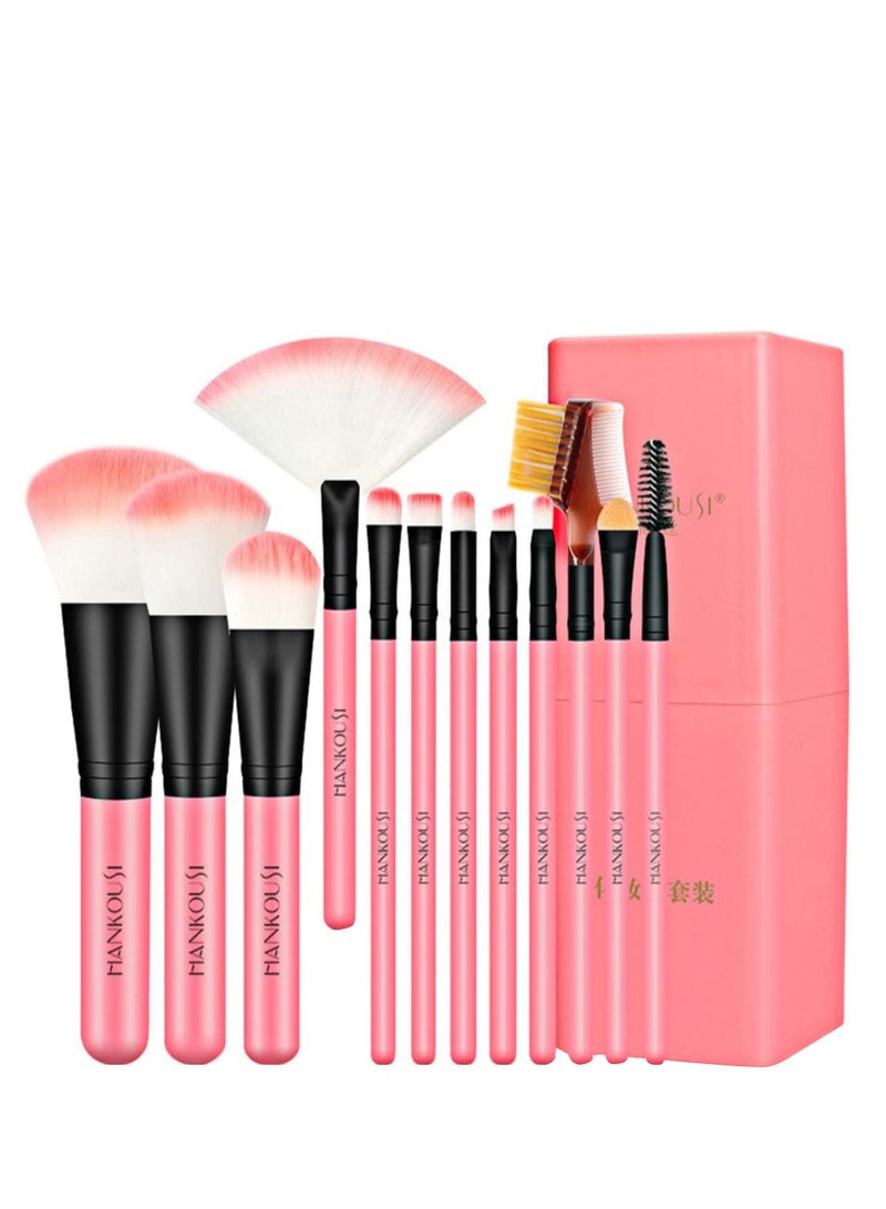 NIBEMINENT 12-Piece Makeup Brush Set With Container And Puff Pink/Black/White - Image 1