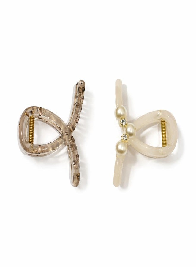 Elegant Hair Claw Clips Set for Women & Girls, Strong Grip Plastic Hair Clips with Pearl Accent and Crystal Embellished, Cream and Clear, 2 Pieces - Image 1