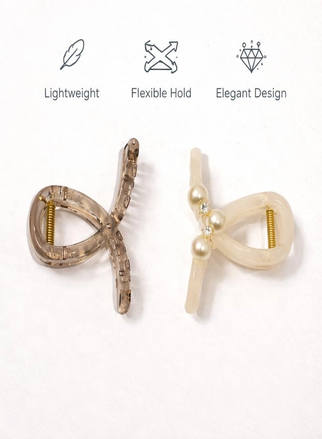 Elegant Hair Claw Clips Set for Women & Girls, Strong Grip Plastic Hair Clips with Pearl Accent and Crystal Embellished, Cream and Clear, 2 Pieces - Image 2
