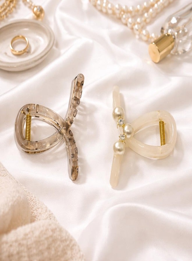 Elegant Hair Claw Clips Set for Women & Girls, Strong Grip Plastic Hair Clips with Pearl Accent and Crystal Embellished, Cream and Clear, 2 Pieces - Image 4
