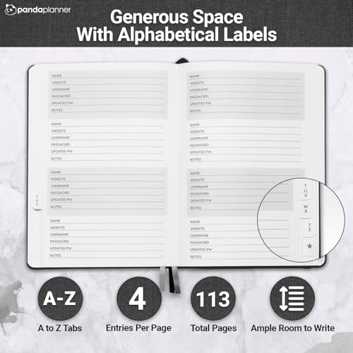 Panda Planner Password Book with A-Z Tabs – Secure Password Organizer Notebook for Website Logins, Internet Addresses & More – Black Password Keeper with Alphabetical Tabs, 5” x 7” - Image 2