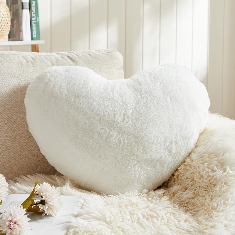 EastTree Heart Pillows  White Heart Shaped Pillows  Love Throw Pillows Gifts  Ultra Faux Rabbit Fur Soft Small Cute Fluffy Pillows  Women Girls Kid Living Room Decor 10x13 Inch - Image 1