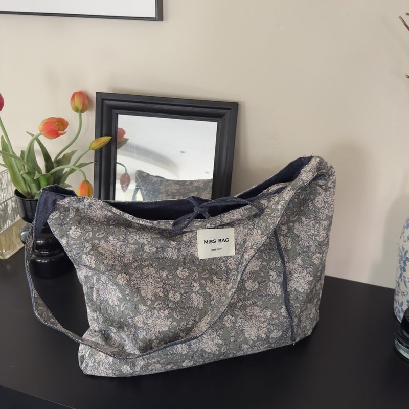 2025 Japanese And Korean Versatile Dopamine Color Block Denim Bag Large Capacity Single Shoulder Crossbody Double Bread Floral Bag - Image 1