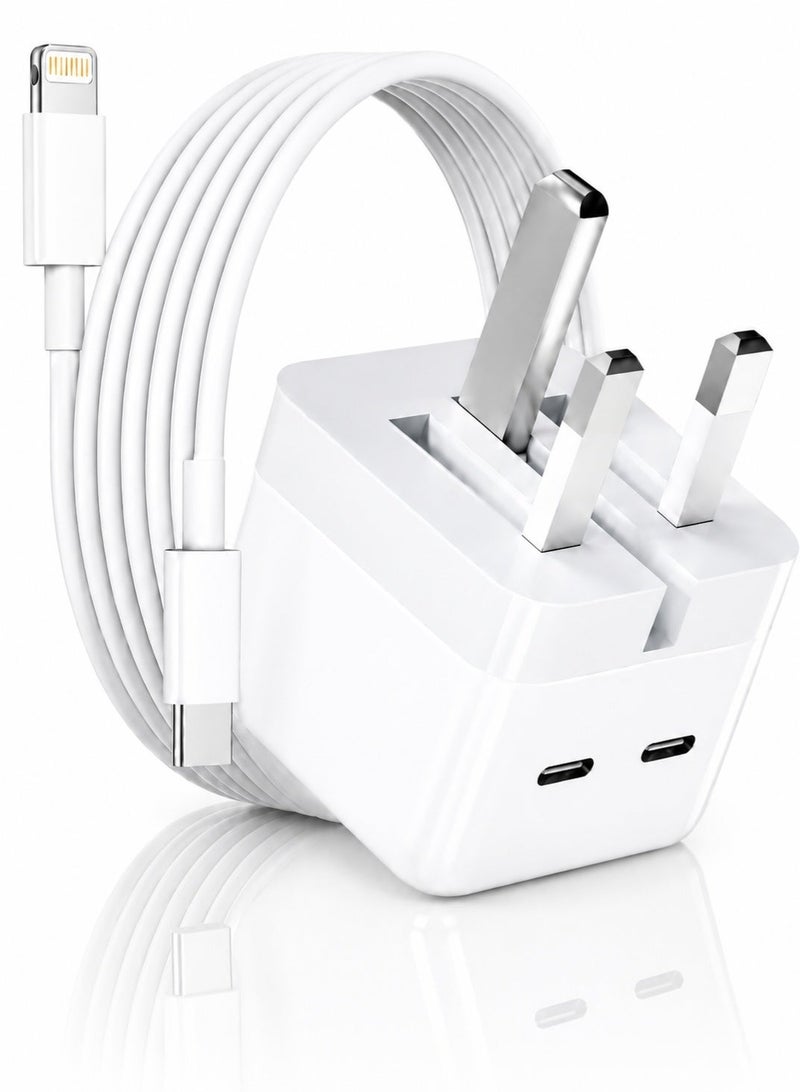 AFQIX iPhone 35W Fast Charger | Dual 3.0 USB Type-C Ports with 2M USB-C to Lightning Cable Foldable Power Adapter Compatible with iPhone 14/14Pro/14Pro Max/14 Plus/13Pro Max /13 Pro/13/12/11/XS iPad Mini 6/iPad Pro - Image 1