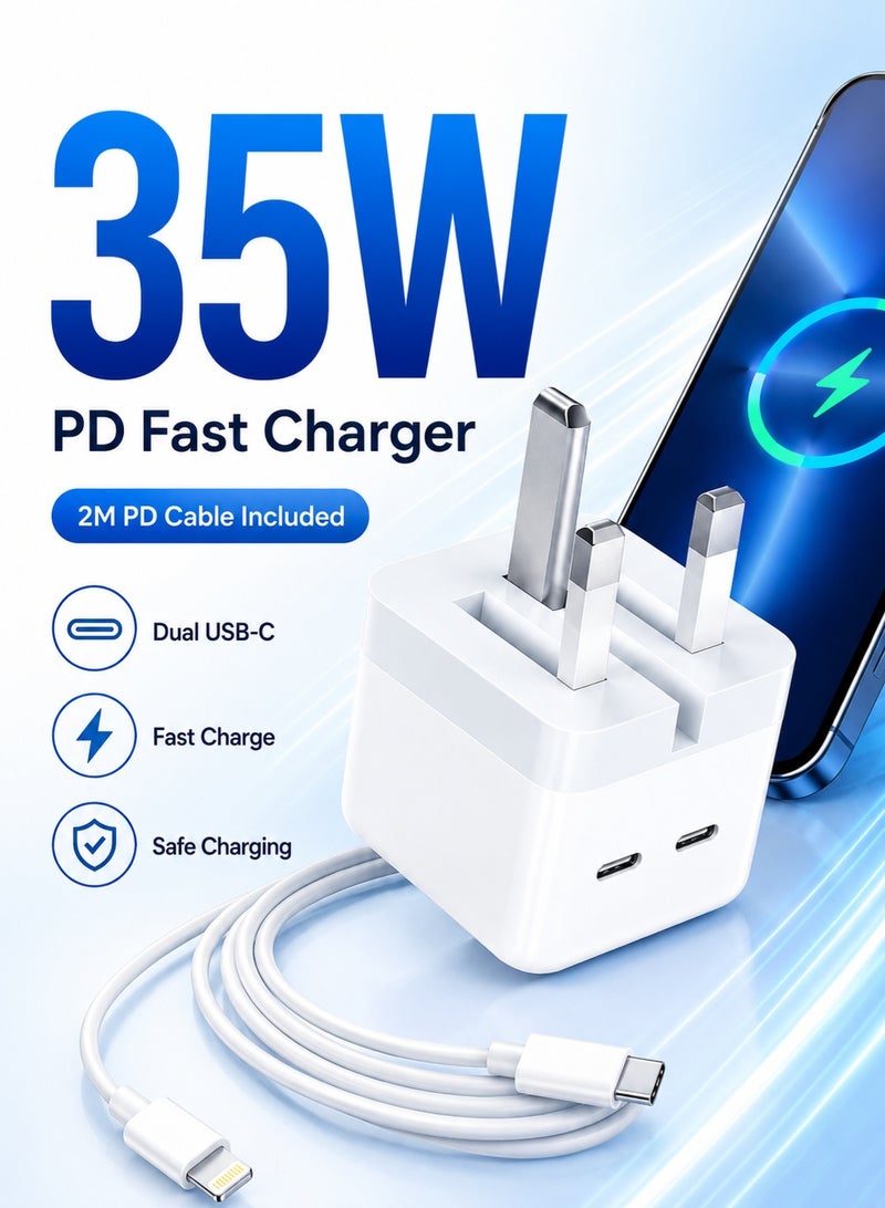 AFQIX iPhone 35W Fast Charger | Dual 3.0 USB Type-C Ports with 2M USB-C to Lightning Cable Foldable Power Adapter Compatible with iPhone 14/14Pro/14Pro Max/14 Plus/13Pro Max /13 Pro/13/12/11/XS iPad Mini 6/iPad Pro - Image 2