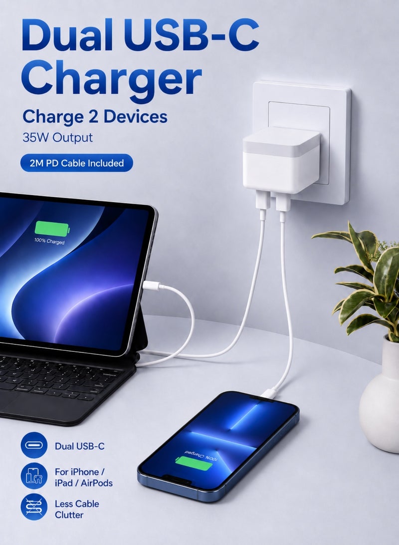 AFQIX iPhone 35W Fast Charger | Dual 3.0 USB Type-C Ports with 2M USB-C to Lightning Cable Foldable Power Adapter Compatible with iPhone 14/14Pro/14Pro Max/14 Plus/13Pro Max /13 Pro/13/12/11/XS iPad Mini 6/iPad Pro - Image 3