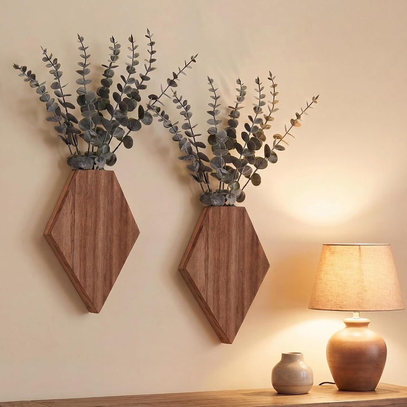 Chunful 2 Pcs Wooden Wall Planter Decor Hanging Fake Plants Greenery Flowers Holder Vase Boxes for Wall Bohemian Farmhouse Room Kitchen Office Indoor Decoration(Walnut Color,7.1 x 4.7 x 1.2 Inches) - Image 1