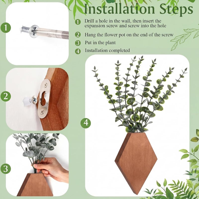 Chunful 2 Pcs Wooden Wall Planter Decor Hanging Fake Plants Greenery Flowers Holder Vase Boxes for Wall Bohemian Farmhouse Room Kitchen Office Indoor Decoration(Walnut Color,7.1 x 4.7 x 1.2 Inches) - Image 3