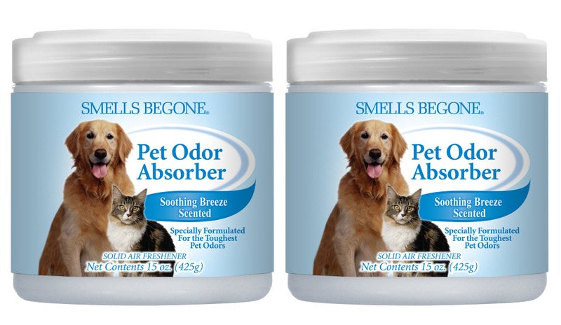 SMELLS BEGONE Air Freshener Pet Odor Absorber Gel  15 oz Pack of 2  Absorbs and Eliminates Odor in Pet Areas Bathrooms Cars  Boats  Made with Essential Oils  Soothing Breeze Scent
