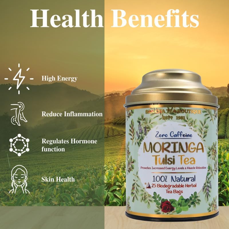 SAN-CHA Sancha Tea Boutique Tulsi Tea | Rama, Shyama & Vana Tulsi Blend | 25 Pyramid Tea Bags | Immunity Support | Caffeine-Free Ayurvedic Herbal Infusion - Image 4