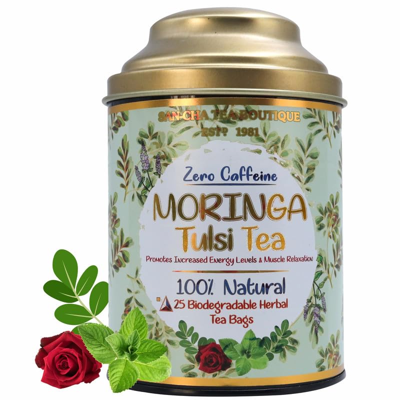 SAN-CHA Sancha Tea Boutique Tulsi Tea | Rama, Shyama & Vana Tulsi Blend | 25 Pyramid Tea Bags | Immunity Support | Caffeine-Free Ayurvedic Herbal Infusion - Image 2