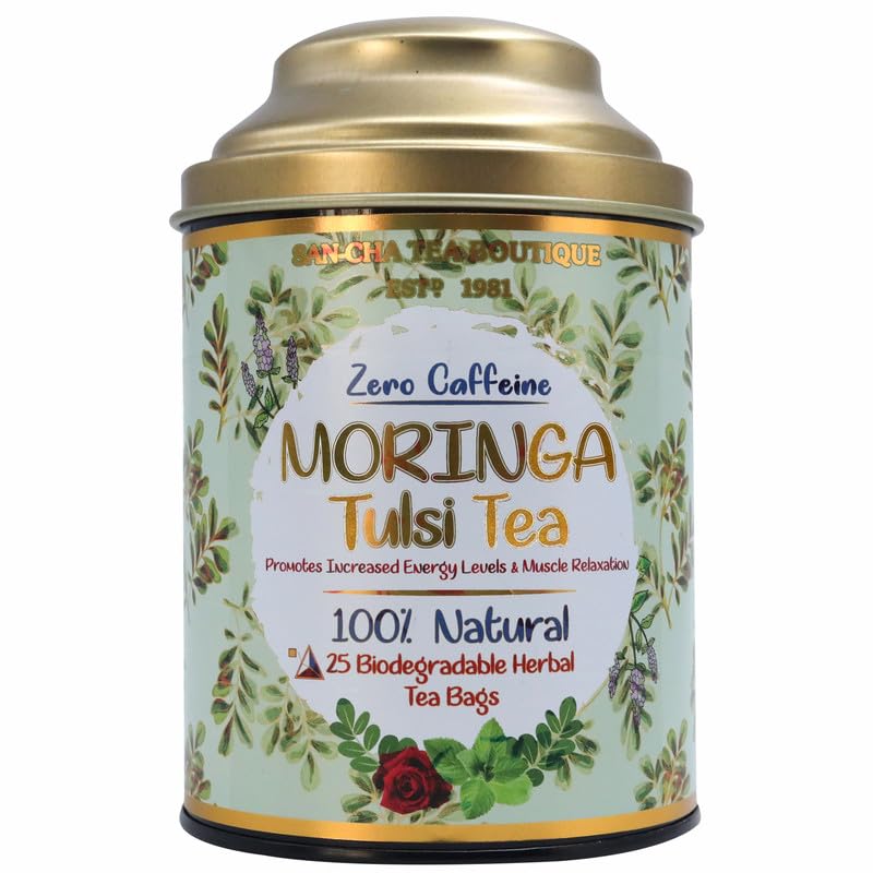 SAN-CHA Sancha Tea Boutique Tulsi Tea | Rama, Shyama & Vana Tulsi Blend | 25 Pyramid Tea Bags | Immunity Support | Caffeine-Free Ayurvedic Herbal Infusion - Image 1