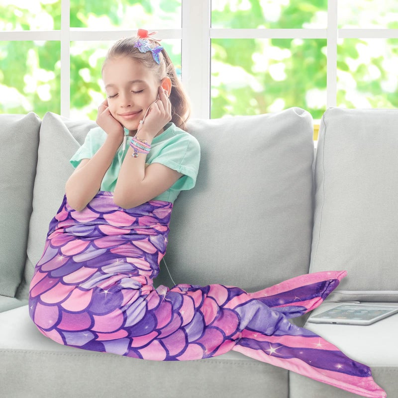 Wernnsai WERNNSAI Mermaid Tail Blanket - Wearable Mermaid Soft Blanket with Hairpin Bracelet Soft Purple Flannel Snuggle Blanket Gift for Girls Birthday Christmas  - Image 5