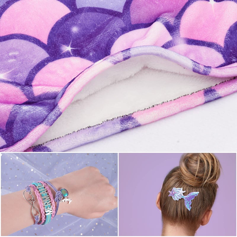 Wernnsai WERNNSAI Mermaid Tail Blanket - Wearable Mermaid Soft Blanket with Hairpin Bracelet Soft Purple Flannel Snuggle Blanket Gift for Girls Birthday Christmas  - Image 3