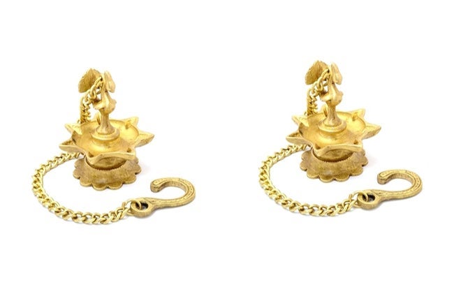 PEACOCK DESIGN BRASS HANGING DIYA SET BRASS OIL LAMP PAIR DIYAS FOR DECORATION 25X25X35 LXWXH INCHES CHAIN LENGTH 11 INCHES STANDARD PACK OF 2 DIYAS