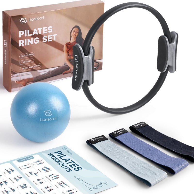 LIONSCOOL Pilates Ring Set (Black) - 14" Pilates Ring, 9" Pilates Mini Ball and Three Fabric Resistance Bands Included - Image 1