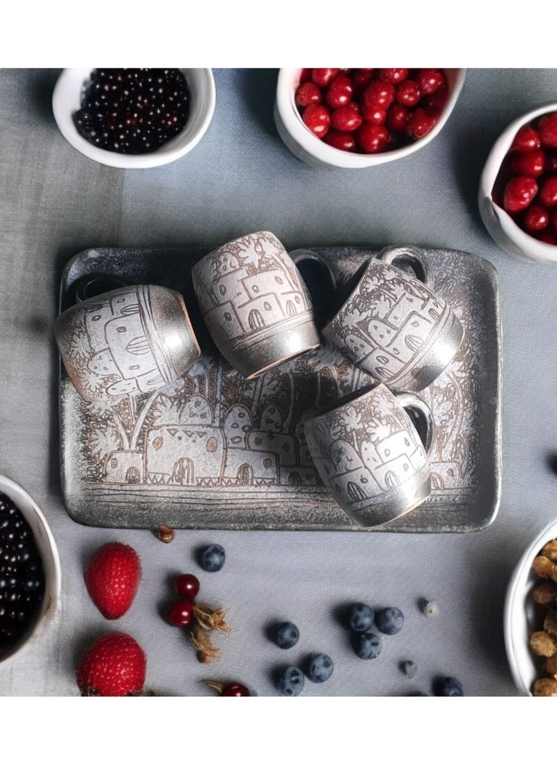 Unique Pottery Tray with 4 Mugs - Hand-Engraved and Painted | Microwave and Oven Safe | Distinctive Decorative and Serving Piece (22x35 cm)