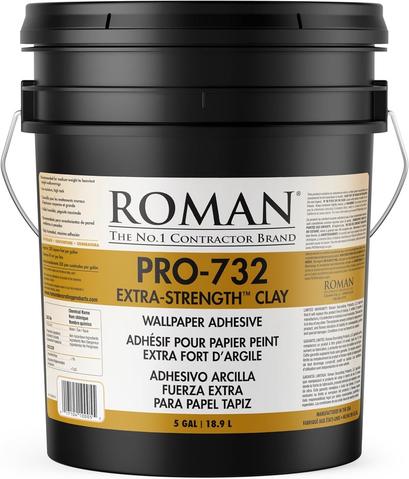 Roman Products 010005 PRO-732 Extra-Strength Clay Wallpaper Adhesive, 5 Gal, 1,000 Sq. Ft, White - Image 1