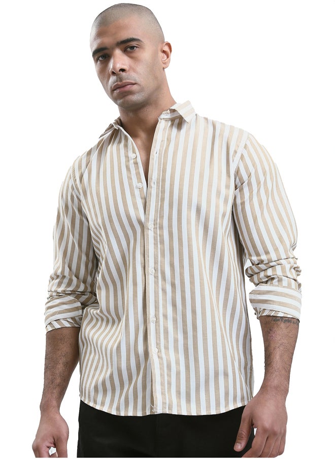 RAVIN Light Beige & White Full Buttons Long Sleeve Shirt  - Image 1