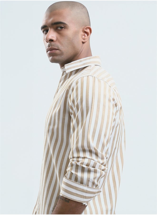 RAVIN Light Beige & White Full Buttons Long Sleeve Shirt  - Image 4