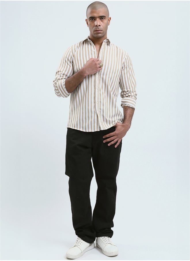 RAVIN Light Beige & White Full Buttons Long Sleeve Shirt  - Image 5