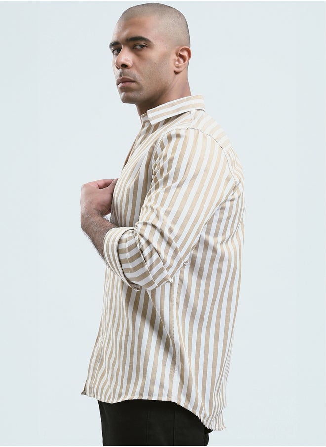 RAVIN Light Beige & White Full Buttons Long Sleeve Shirt  - Image 2