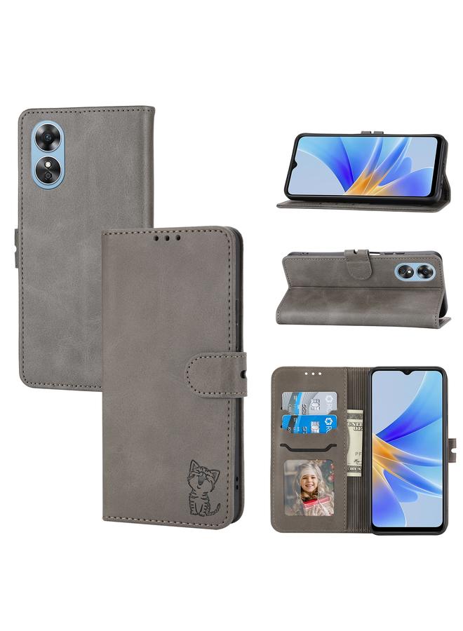 S-TOP Case For OPPO A17 Embossed Happy Cat Pattern Flip Leather Phone Case - Image 1