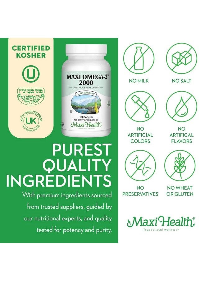 Maxi Health - Omega 3 Fish Oil Triple Strength 2000 Mg Kosher Fish Oil Supplements No Fishy Aftertaste Omega 3 Supplement Burpless Fish Oil Omega 3 Fatty Acid Supplement With Epa And Dha 100 Softgels - Image 1