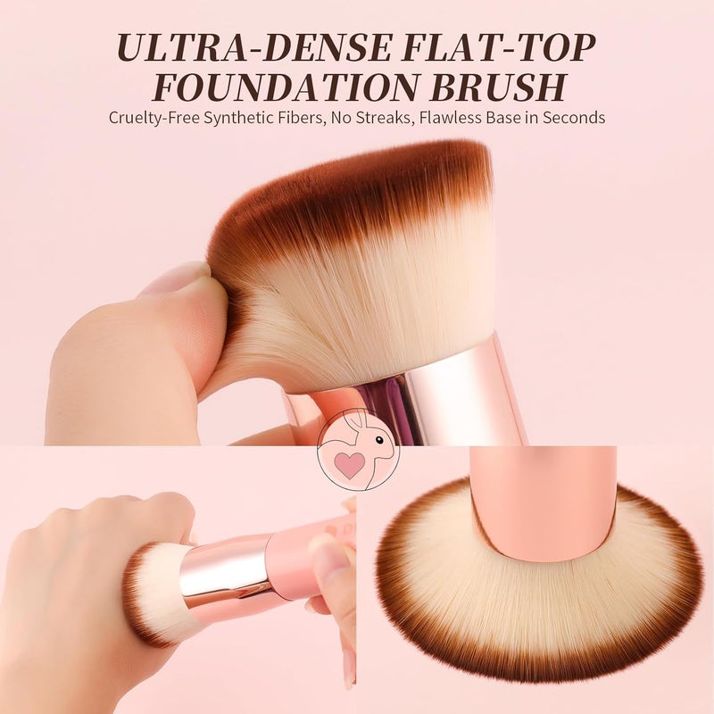 DUcare Foundation Brush for Liquid Makeup, Flat Top Kabuki Synthetic Professional Makeup Brushes Liquid Blending Mineral Powder Buffing Stippling Makeup Tools, Pink - Image 2