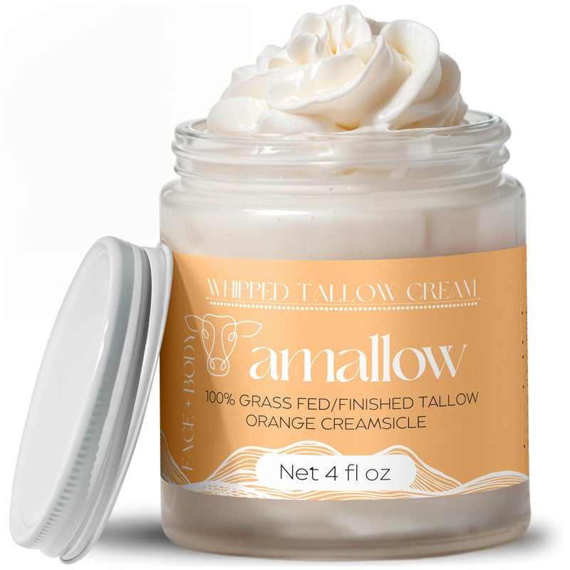 Amallow 100% Grass Fed Beef Tallow for Skin Care - Face + Body - Whipped Moisturizer - Natural Lotion, 4 FL. oz. (Orange Creamsicle) - Image 1