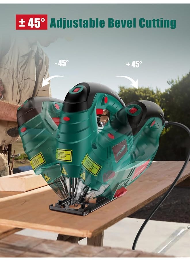 Jigsaw 800W Max Cutting Depth 110Mm For Wood 800 3000Spm Electric Jigsaw With Laser 7 Variable Speeds 0 3 Orbital Sets Bevel Cutting 45 ° To 45 6 Blades