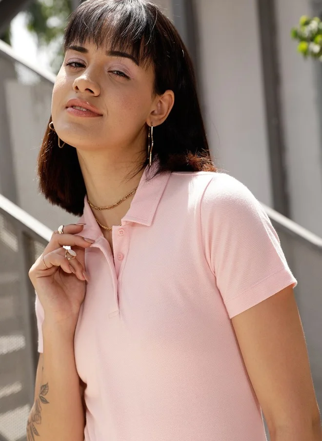 STREET 9 BASICS Pink Polo Collar Cotton T-Shirt for Women