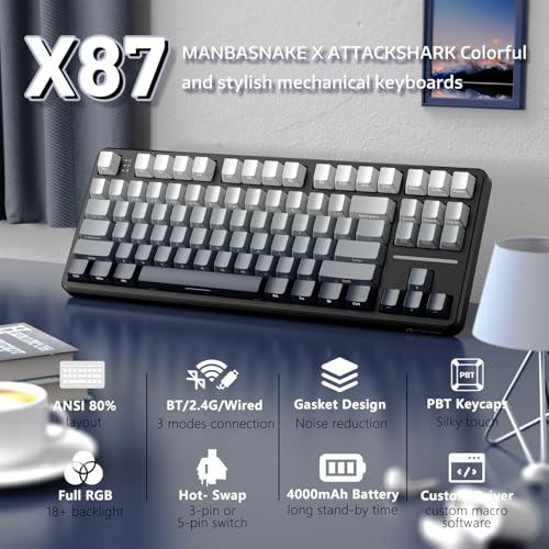 MANBASNAKE X Attack Shark X87 Wireless Mechanical Keyboard, Hot Swappable Gasket Custom Gaming Keyboard RGB Backlit Gaming Keyboard,Bluetooth/2.4GHz/USB-C with 4000mAh Battery(Black Gradient) - Image 2
