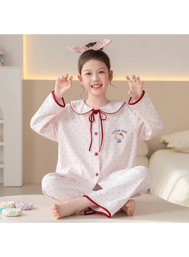 Children's Pajamas, Girls' Spring And Autum Double Long Cardigan Suits, Pure Cotton Long-sleeved Pants, Medium And Large Kidsren's Home Clothes Two-piece Set