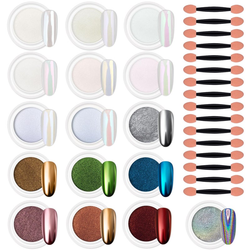 Artdone 16 Colors Chrome Nail Powder, Iridescent Aurora Chameleon Powder Metallic Mirror Effect Pigment Pearlescent Mermaid Pigment Pearl Glitter Dust Kit, Nail Art Decoration, Resin Craft - Image 1