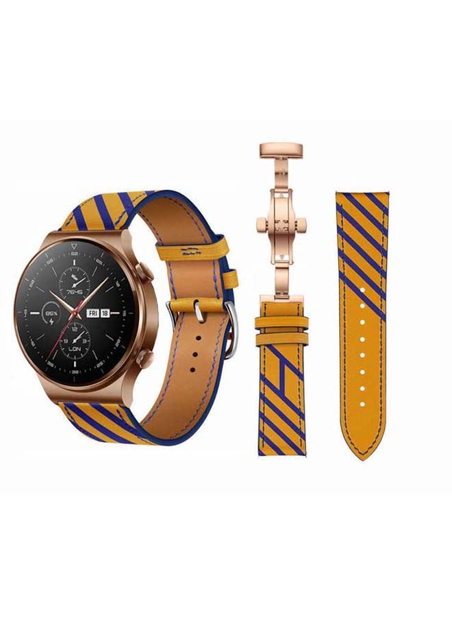 Perfii 22mm-Genuine Leather Replacement Band For Huawei Watch GT2 Pro Yellow/Blue - Image 1