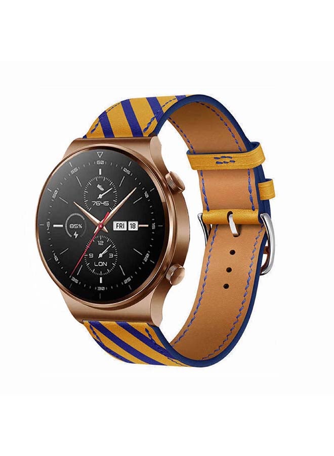 Perfii 22mm-Genuine Leather Replacement Band For Huawei Watch GT2 Pro Yellow/Blue - Image 2