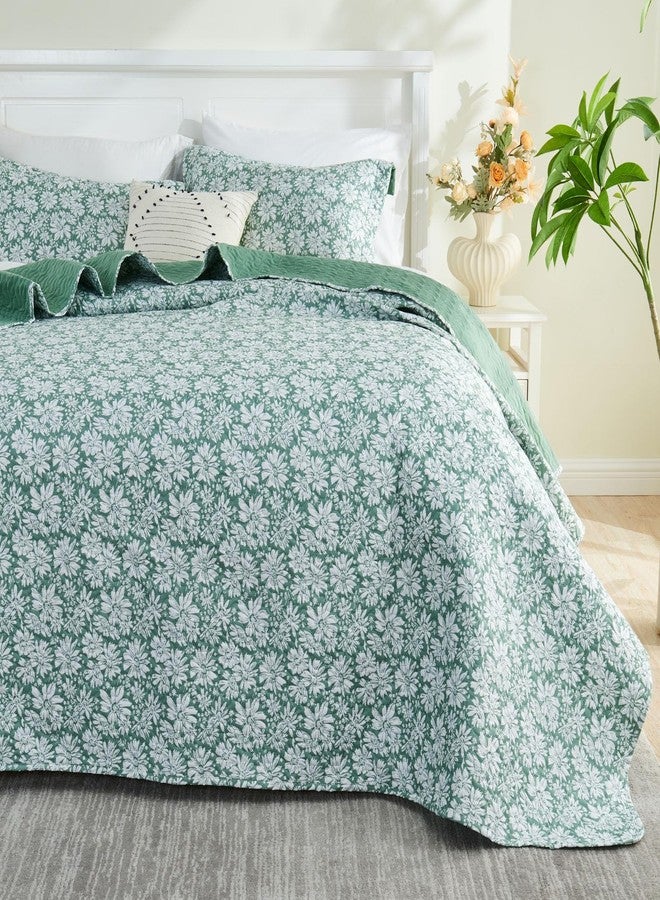 Gogreen King Comforter Set - 3 Piece Lightweight All Season Bedding Set, Breathable Comforter with 2 Pillow Cases, Cooling Bed in a Bag for Hot Sleepers, Green White Floral - Image 1