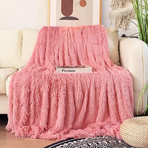 Tuddrom Decorative Extra Soft Faux Fur Throw Blanket 50"x60",Solid Reversible Fuzzy Double Layers Long Hair Shaggy Blanket,Fluffy Cozy Plush Fleece Comfy Microfiber Blanket for Couch Sofa Bed,Pink - Image 2