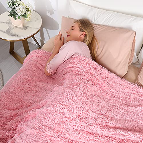 Tuddrom Decorative Extra Soft Faux Fur Throw Blanket 50"x60",Solid Reversible Fuzzy Double Layers Long Hair Shaggy Blanket,Fluffy Cozy Plush Fleece Comfy Microfiber Blanket for Couch Sofa Bed,Pink - Image 4