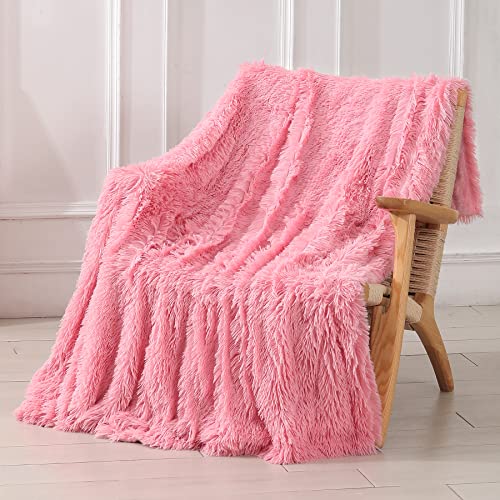 Tuddrom Decorative Extra Soft Faux Fur Throw Blanket 50"x60",Solid Reversible Fuzzy Double Layers Long Hair Shaggy Blanket,Fluffy Cozy Plush Fleece Comfy Microfiber Blanket for Couch Sofa Bed,Pink - Image 1