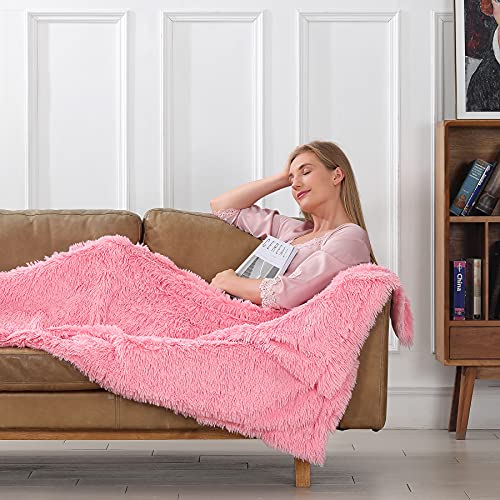 Tuddrom Decorative Extra Soft Faux Fur Throw Blanket 50"x60",Solid Reversible Fuzzy Double Layers Long Hair Shaggy Blanket,Fluffy Cozy Plush Fleece Comfy Microfiber Blanket for Couch Sofa Bed,Pink - Image 3