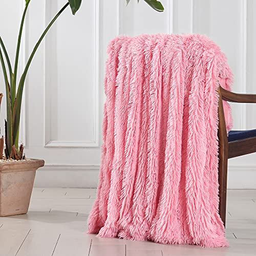 Tuddrom Decorative Extra Soft Faux Fur Throw Blanket 50"x60",Solid Reversible Fuzzy Double Layers Long Hair Shaggy Blanket,Fluffy Cozy Plush Fleece Comfy Microfiber Blanket for Couch Sofa Bed,Pink - Image 5